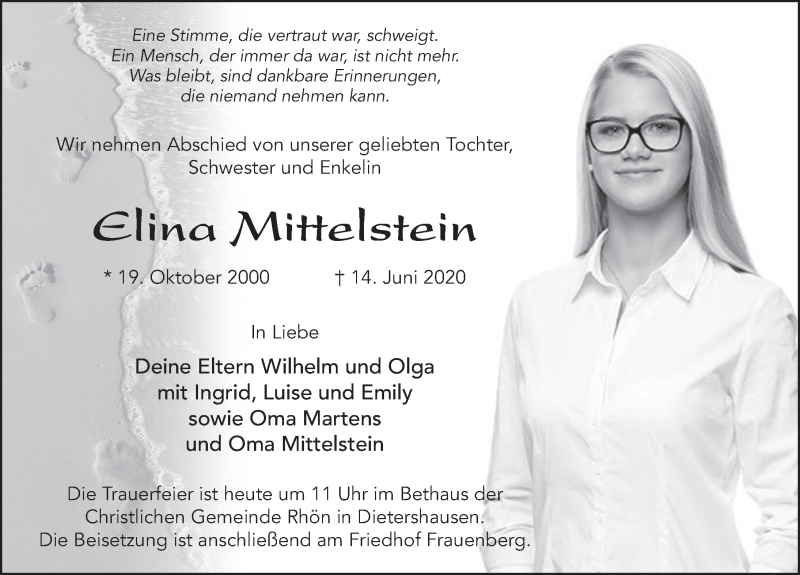  Traueranzeige für Elina Mittelstein vom 03.07.2020 aus FZ