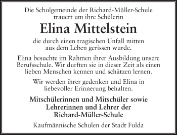 Traueranzeige von Elina Mittelstein von FZ