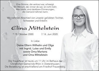 Traueranzeige von Elina Mittelstein von FZ