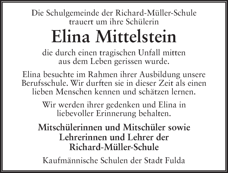  Traueranzeige für Elina Mittelstein vom 03.07.2020 aus FZ