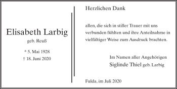 Traueranzeige von Elisabeth Larbig von FZ