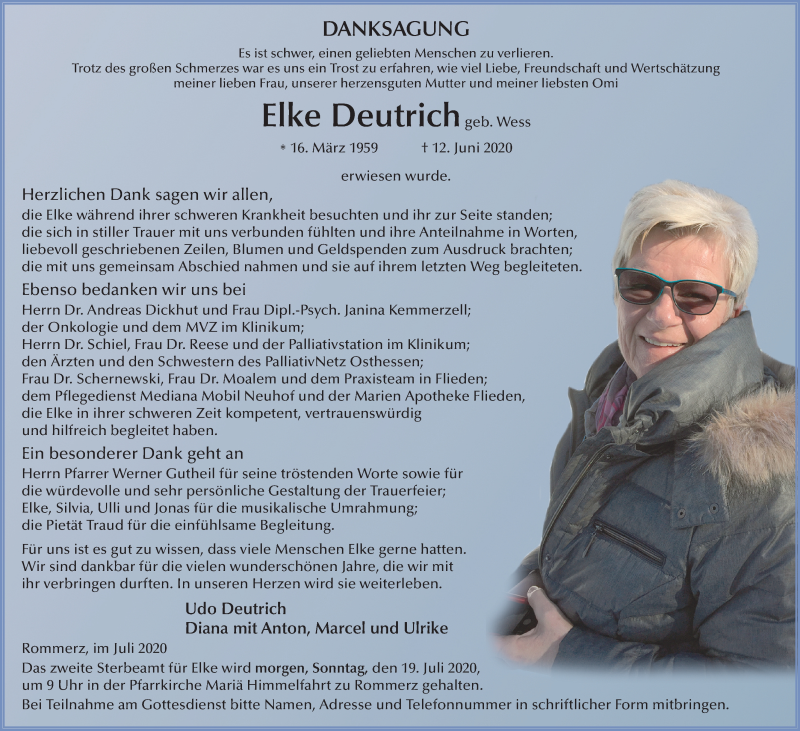  Traueranzeige für Elke Deutrich vom 18.07.2020 aus FZ