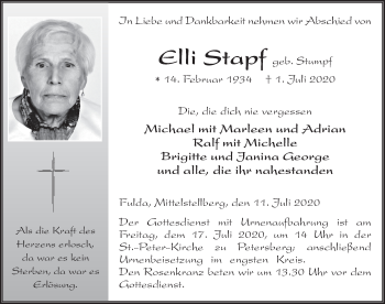 Traueranzeige von Elli Stapf von FZ