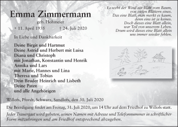 Traueranzeige von Emma Zimmermann von FZ