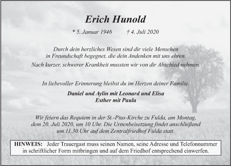  Traueranzeige für Erich Hunold vom 11.07.2020 aus FZ