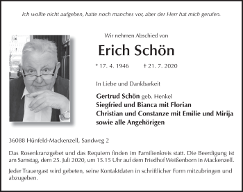 Traueranzeige von Erich Schön von FZ