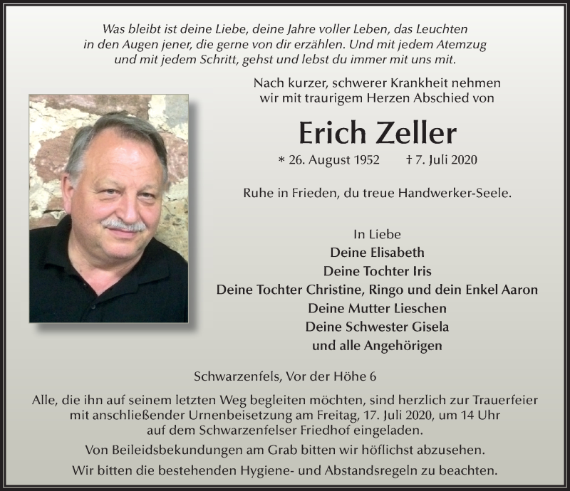  Traueranzeige für Erich Zeller vom 14.07.2020 aus FZ