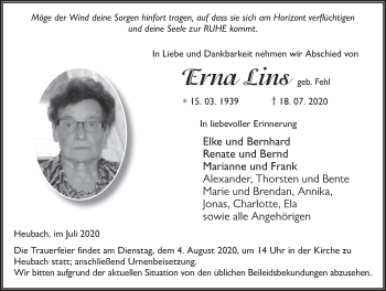 Traueranzeige von Erna Lins von FZ