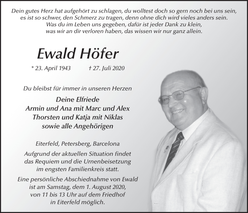  Traueranzeige für Ewald Höfer vom 30.07.2020 aus FZ