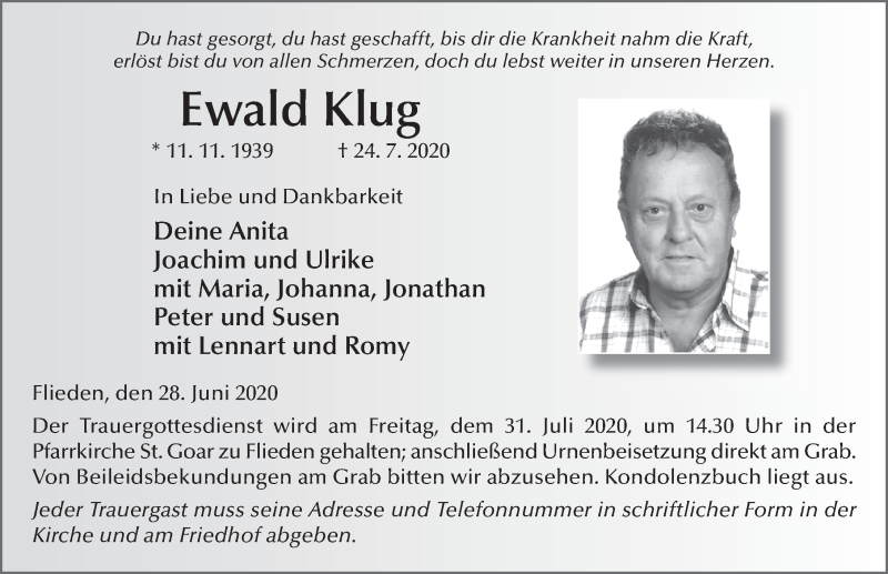  Traueranzeige für Ewald Klug vom 28.07.2020 aus FZ
