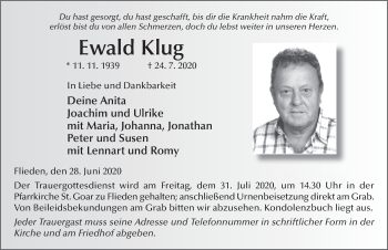 Traueranzeige von Ewald Klug von FZ