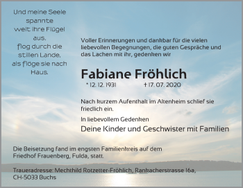 Traueranzeige von Fabiane Fröhlich von FZ