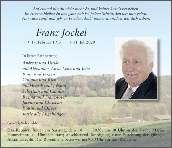 Traueranzeige von Franz Jockel von FZ