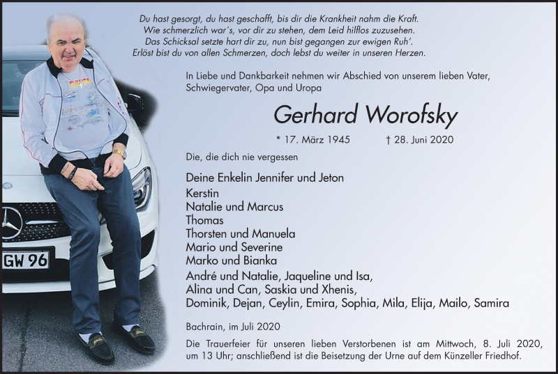  Traueranzeige für Gerhard Worofsky vom 04.07.2020 aus FZ