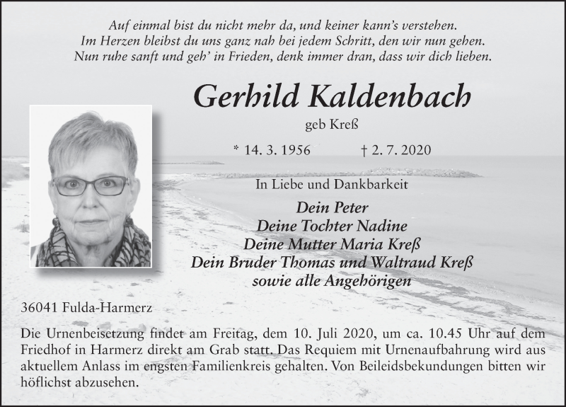  Traueranzeige für Gerhild Kaldenbach vom 07.07.2020 aus FZ
