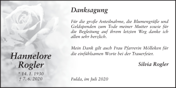 Traueranzeige von Hannelore Rogler von FZ