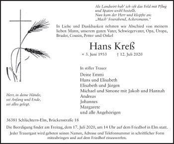 Traueranzeige von Hans Kreß von FZ