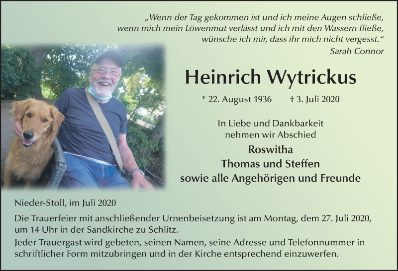  Traueranzeige für Heinrich Wytrickus vom 25.07.2020 aus FZ