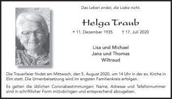 Traueranzeige von Helga Traub von FZ