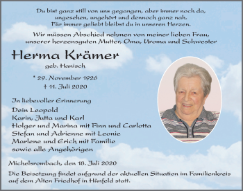 Traueranzeige von Herma Krämer von FZ