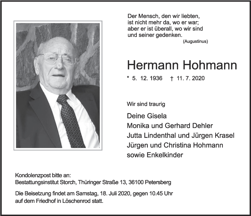  Traueranzeige für Hermann Hohmann vom 15.07.2020 aus FZ
