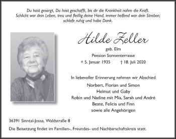 Traueranzeige von Hilde Zeller von FZ