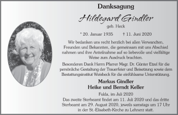 Traueranzeige von Hildegard Gindler von FZ