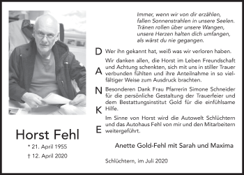 Traueranzeige von Horst Fehl von FZ