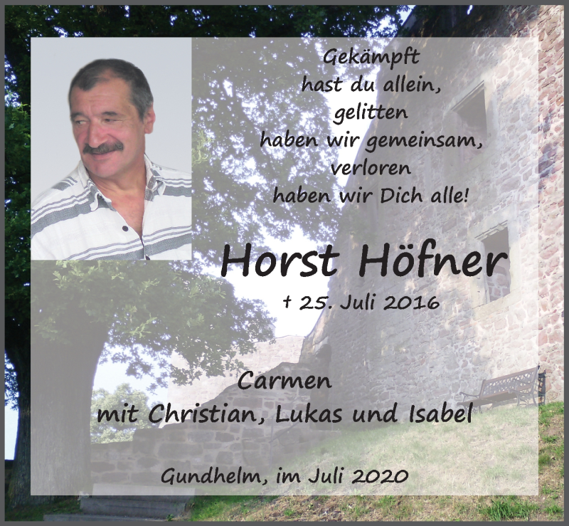  Traueranzeige für Horst Höfner vom 25.07.2020 aus FZ