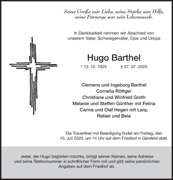 Traueranzeige von Hugo Barthel von FZ