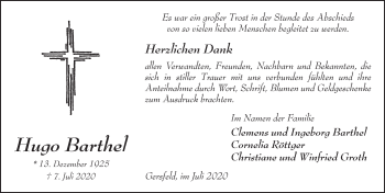 Traueranzeige von Hugo Barthel von FZ