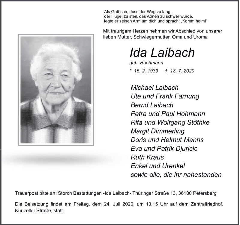  Traueranzeige für Ida Laibach vom 21.07.2020 aus FZ