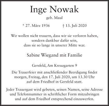 Traueranzeige von Inge Nowak von FZ