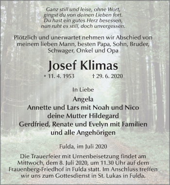 Traueranzeige von Josef Klimas von FZ