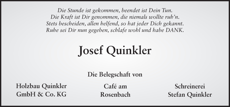  Traueranzeige für Josef Quinkler vom 30.07.2020 aus FZ