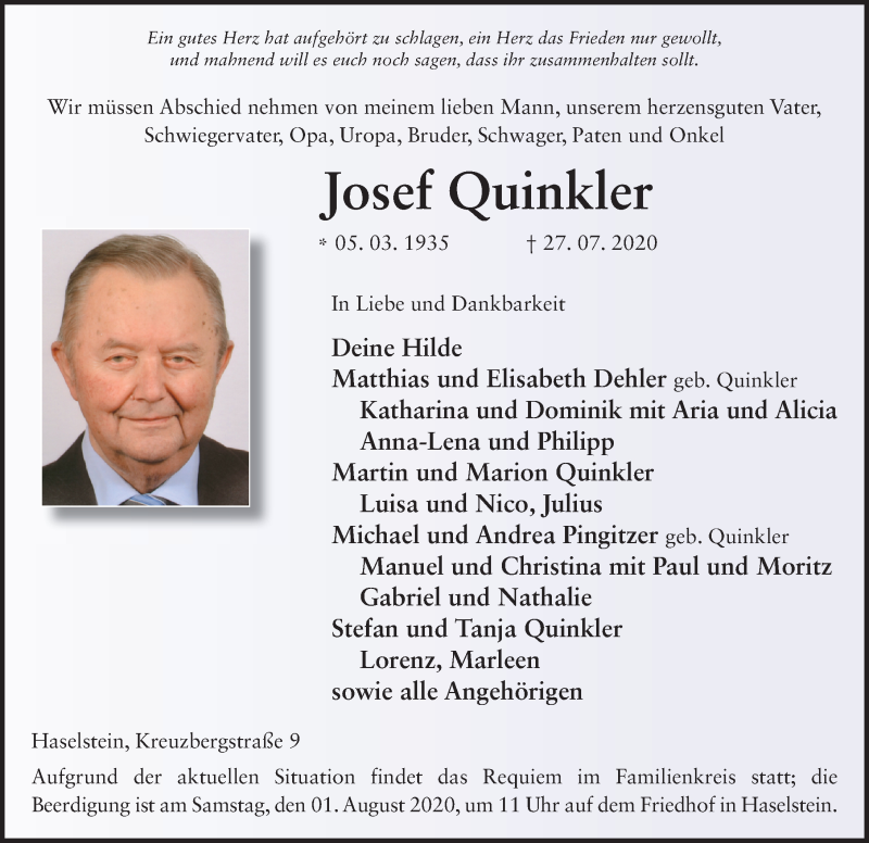  Traueranzeige für Josef Quinkler vom 30.07.2020 aus FZ