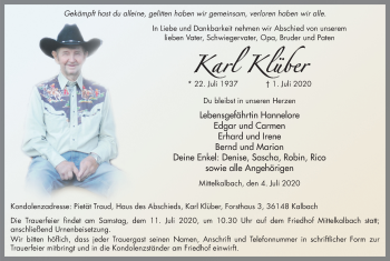 Traueranzeige von Karl Klüber von FZ