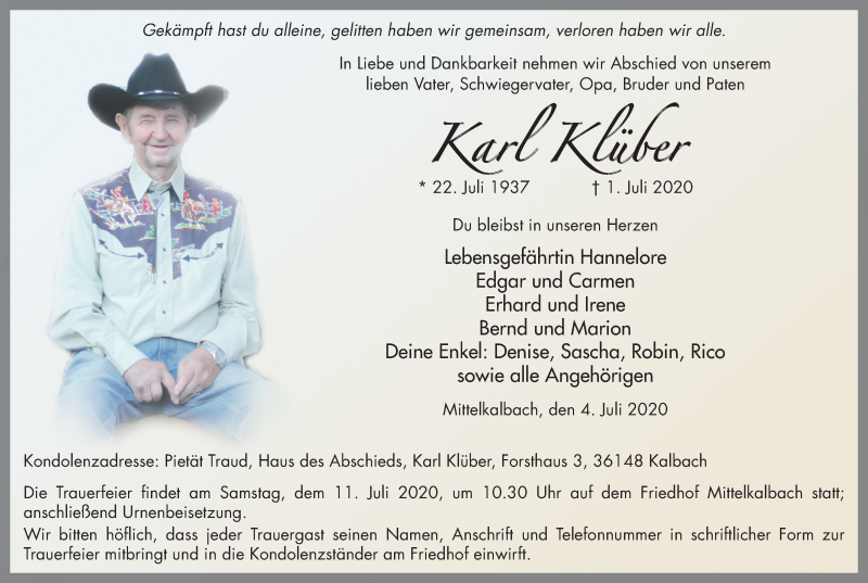  Traueranzeige für Karl Klüber vom 04.07.2020 aus FZ