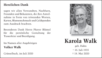 Traueranzeige von Karola Walk von FZ