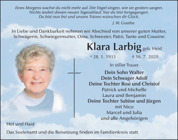 Traueranzeige von Klara Larbig von FZ