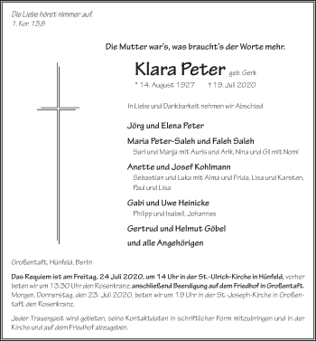 Traueranzeige von Klara Peter von FZ