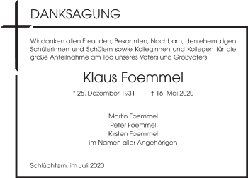 Traueranzeige von Klaus Foemmel von FZ