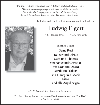 Traueranzeige von Ludwig Elgert von FZ