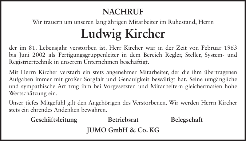  Traueranzeige für Ludwig Kircher vom 31.07.2020 aus FZ