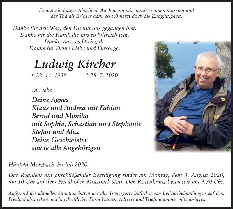  Traueranzeige für Ludwig Kircher vom 31.07.2020 aus FZ