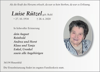 Traueranzeige von Luise Rützel von FZ