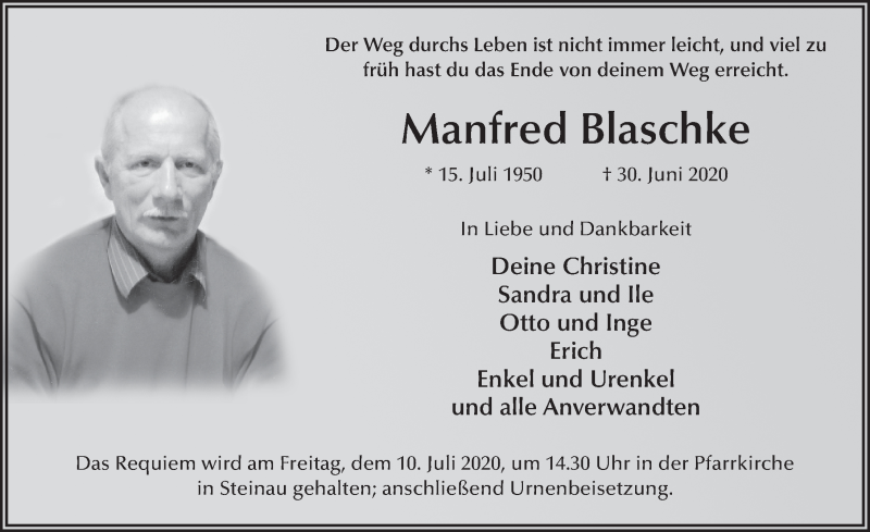  Traueranzeige für Manfred Blaschke vom 07.07.2020 aus FZ