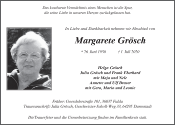 Traueranzeige von Margarete Grösch von FZ
