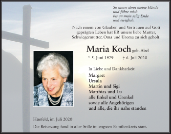 Traueranzeige von Maria Koch von FZ