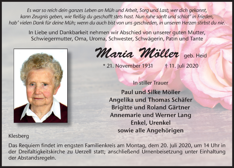  Traueranzeige für Maria Möller vom 15.07.2020 aus FZ